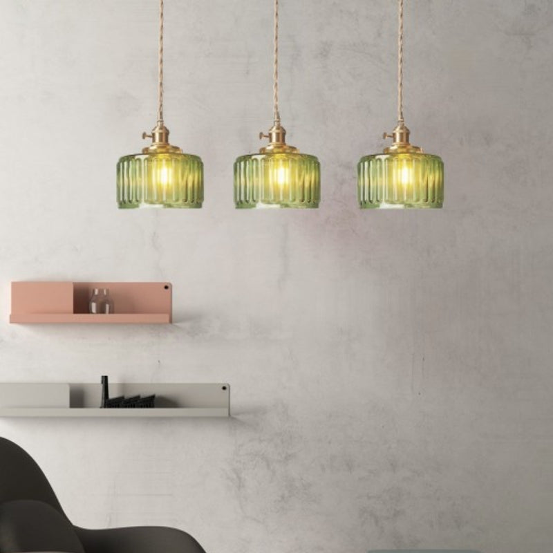 Japanese Vintage Simple Brass Glass Ribbed Cylinder Pendant Light