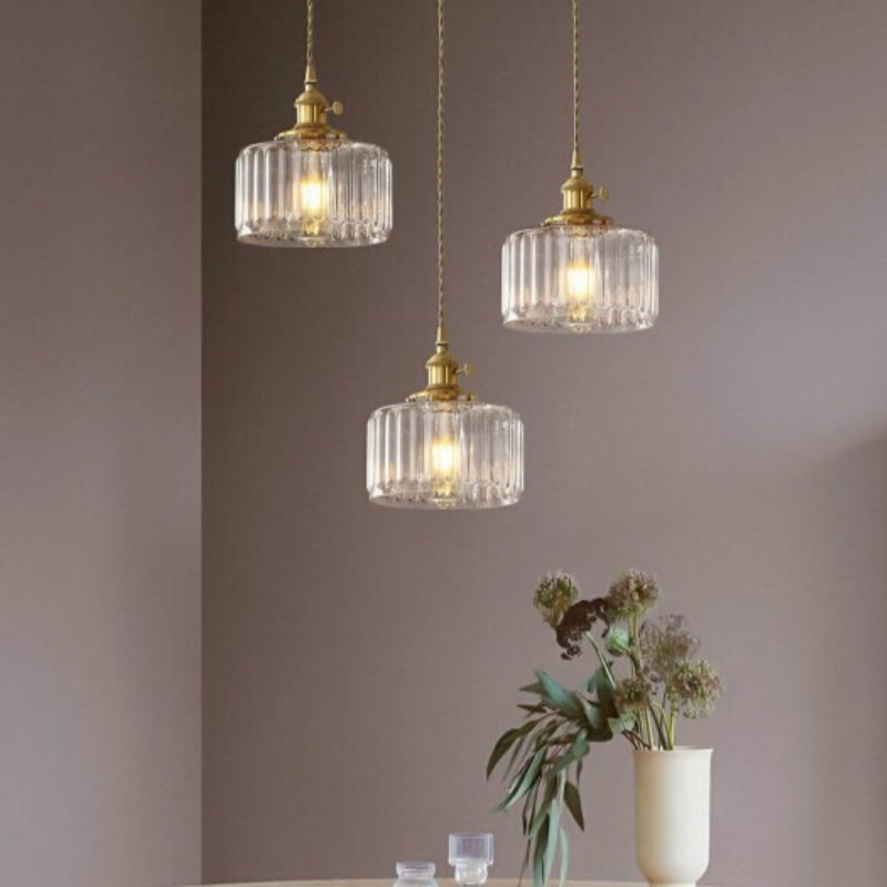 Japanese Vintage Simple Brass Glass Ribbed Cylinder Pendant Light