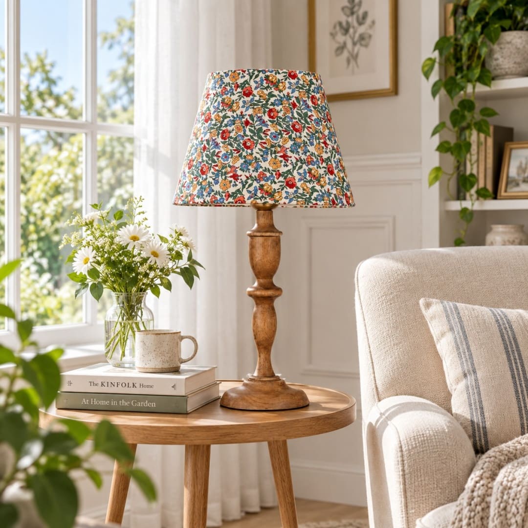 Vintage Floral Wood Table Lamp with Fabric Shade
