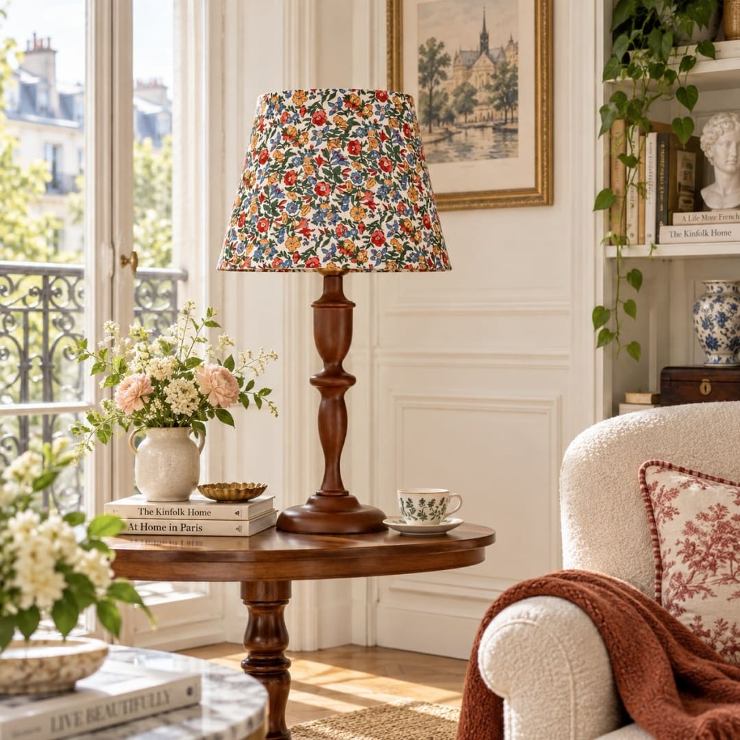 Vintage Floral Wood Table Lamp with Fabric Shade