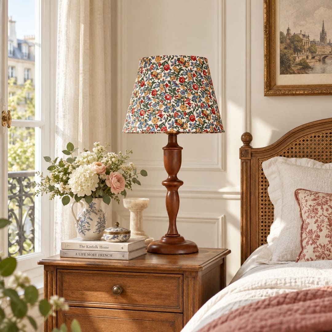 Vintage Floral Wood Table Lamp with Fabric Shade