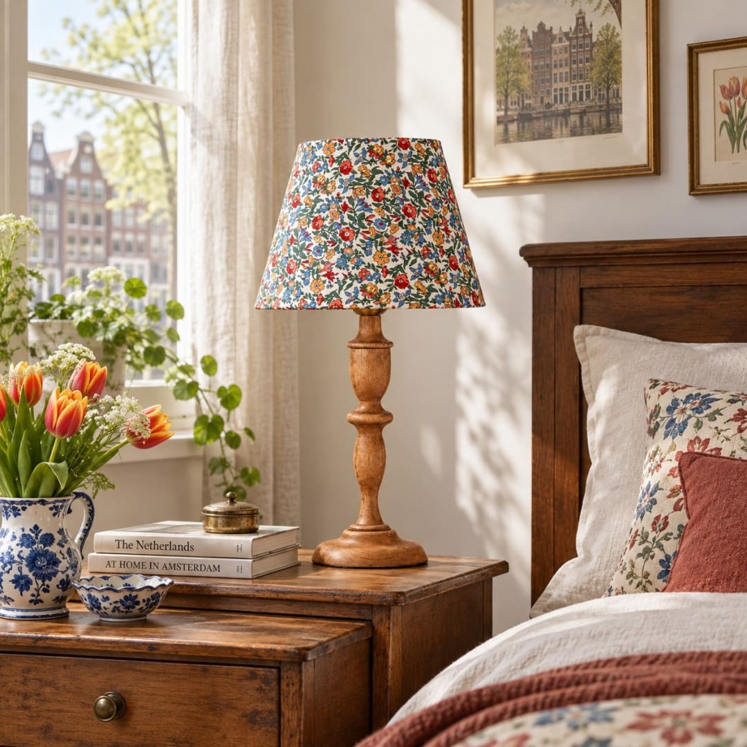 Vintage Floral Wood Table Lamp with Fabric Shade