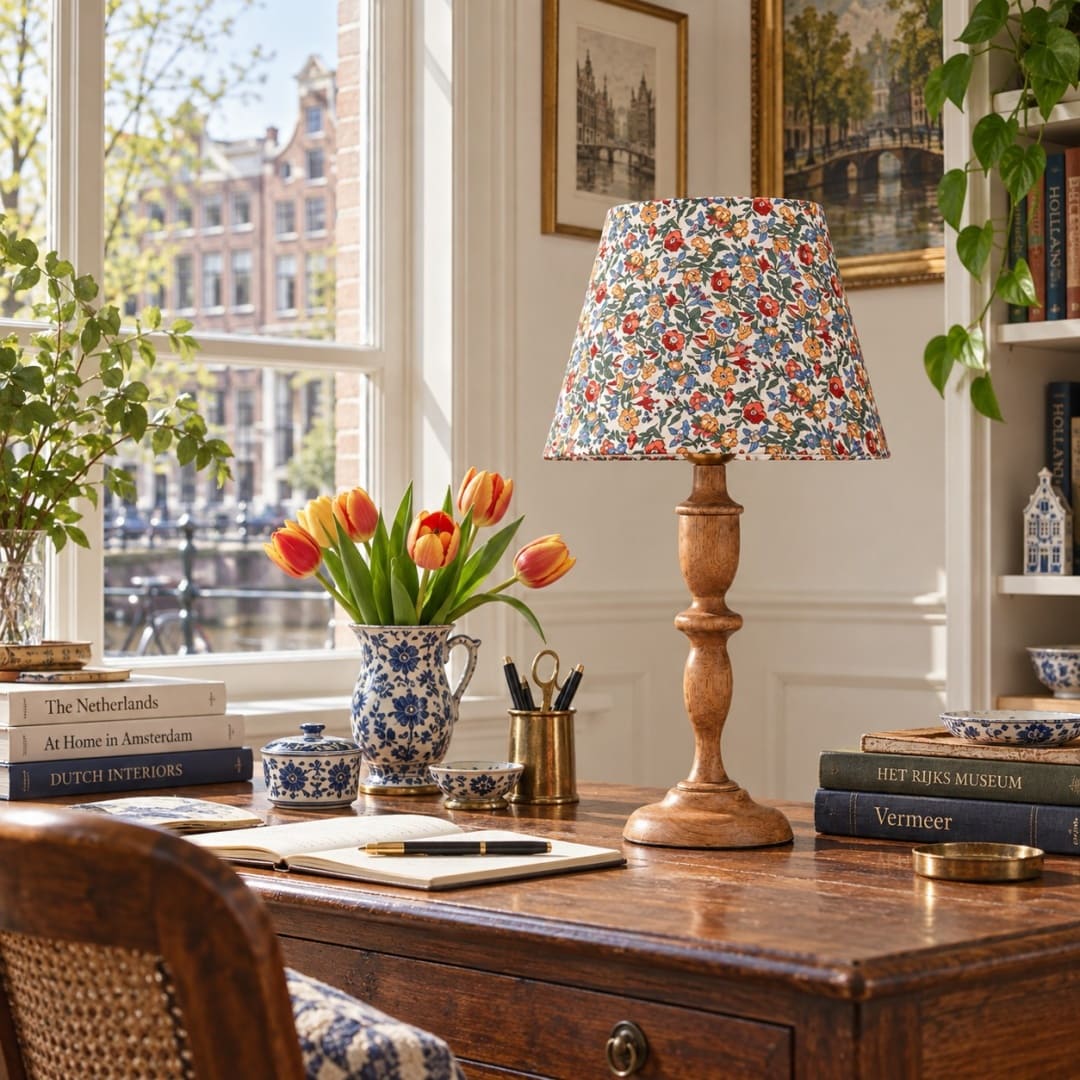 Vintage Floral Wood Table Lamp with Fabric Shade