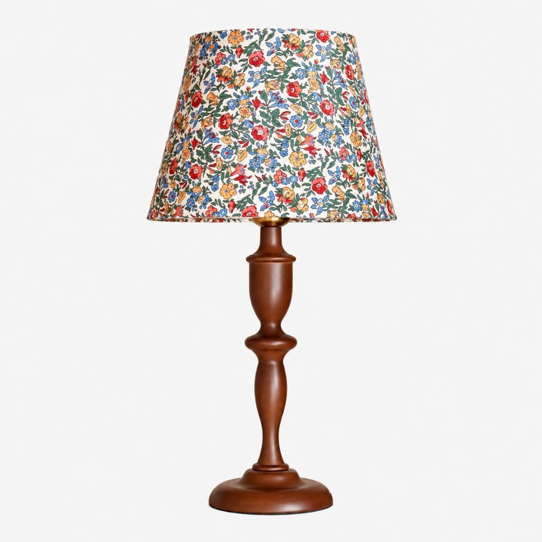 Vintage Floral Wood Table Lamp with Fabric Shade