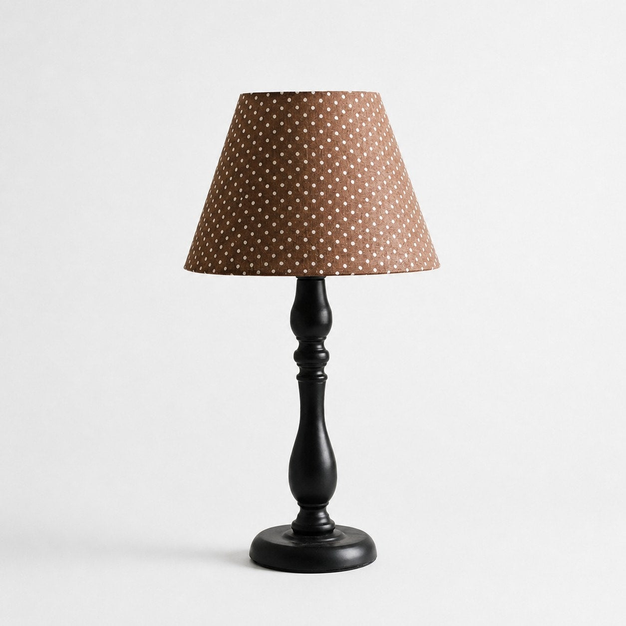 Vintage black iron table lamp with brown polka dot fabric shade