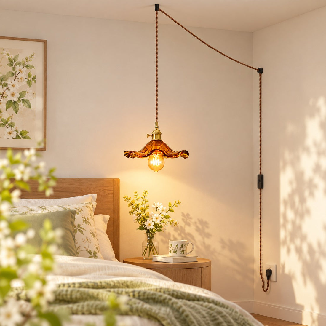 Geriffelte florale Glas-Hängeleuchte mit Kabel