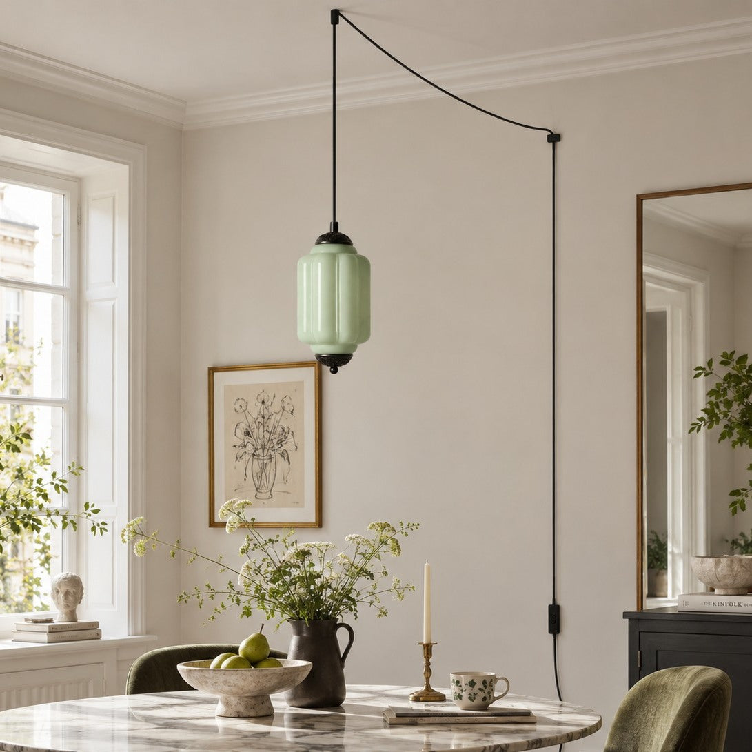 Fluted Glass Antique Brass Plug-In Pendant