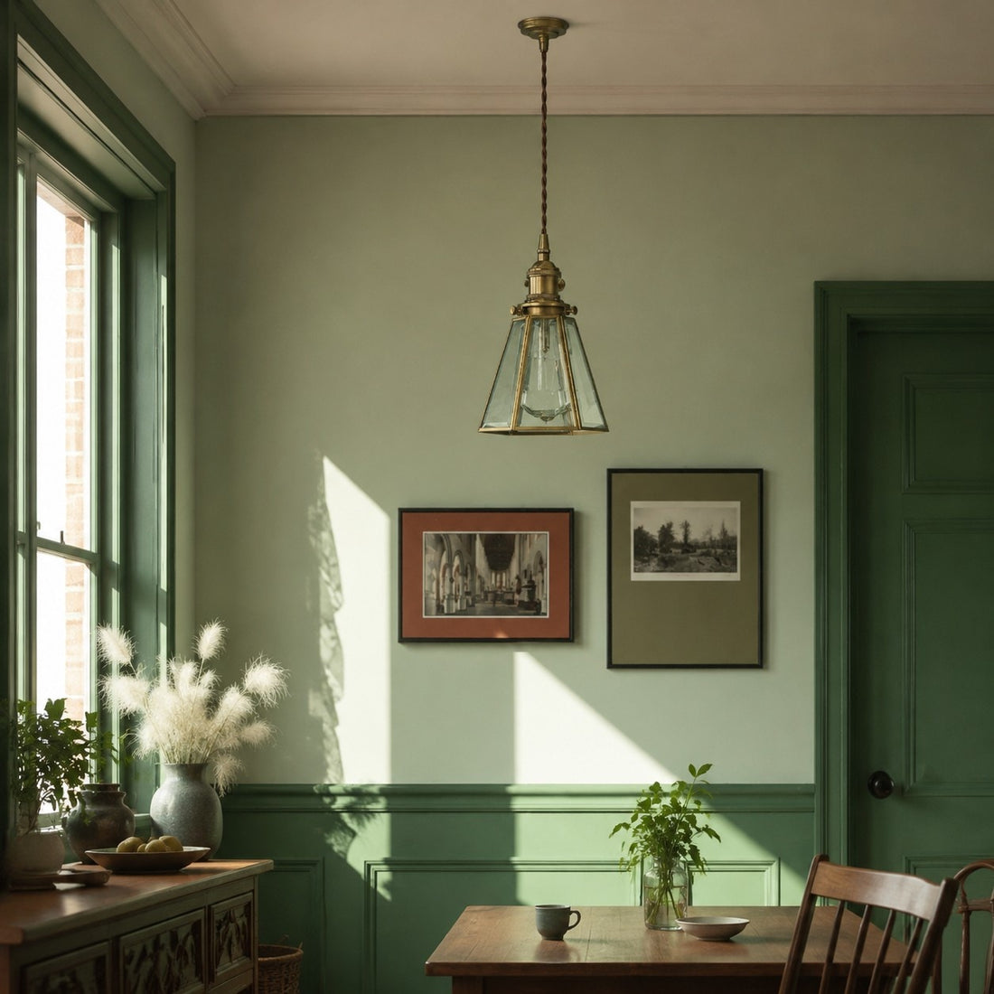Clear glass brass pendant light in a green room near a window