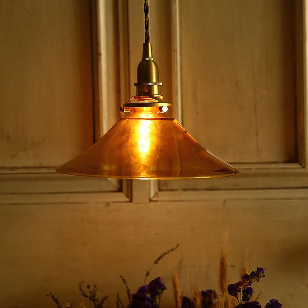 Retro Cone Pendant Light - Amber Glass Hanging Lamp for Kitchen Island