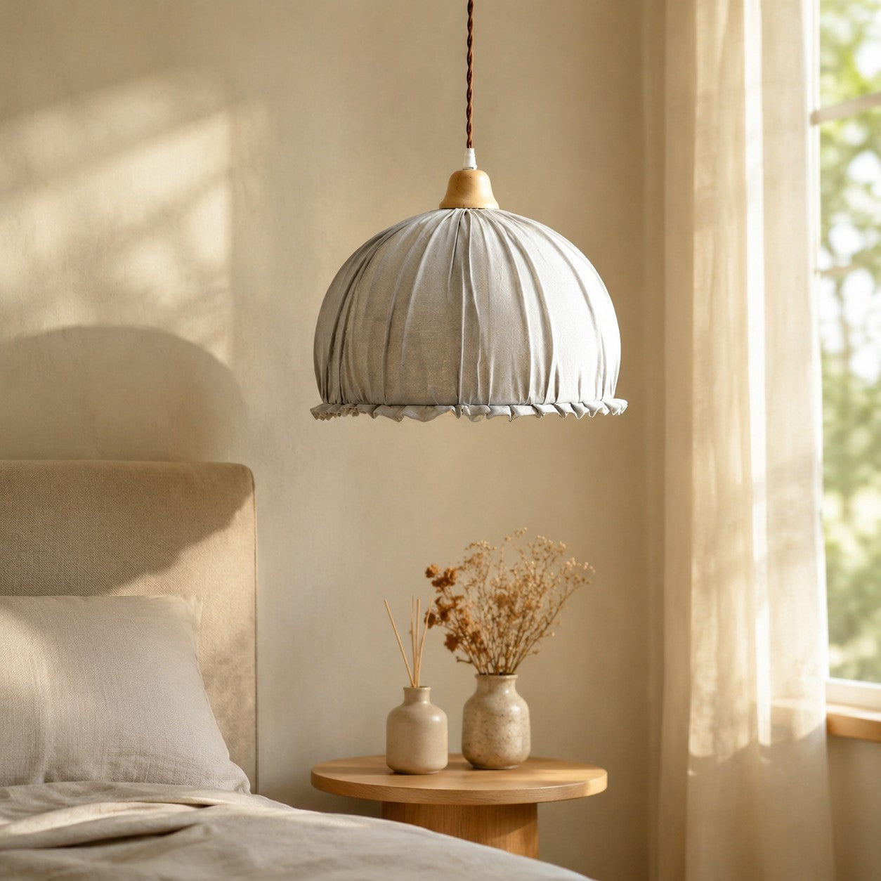 Ruched Fabric Pendant Light with Pleated Shade