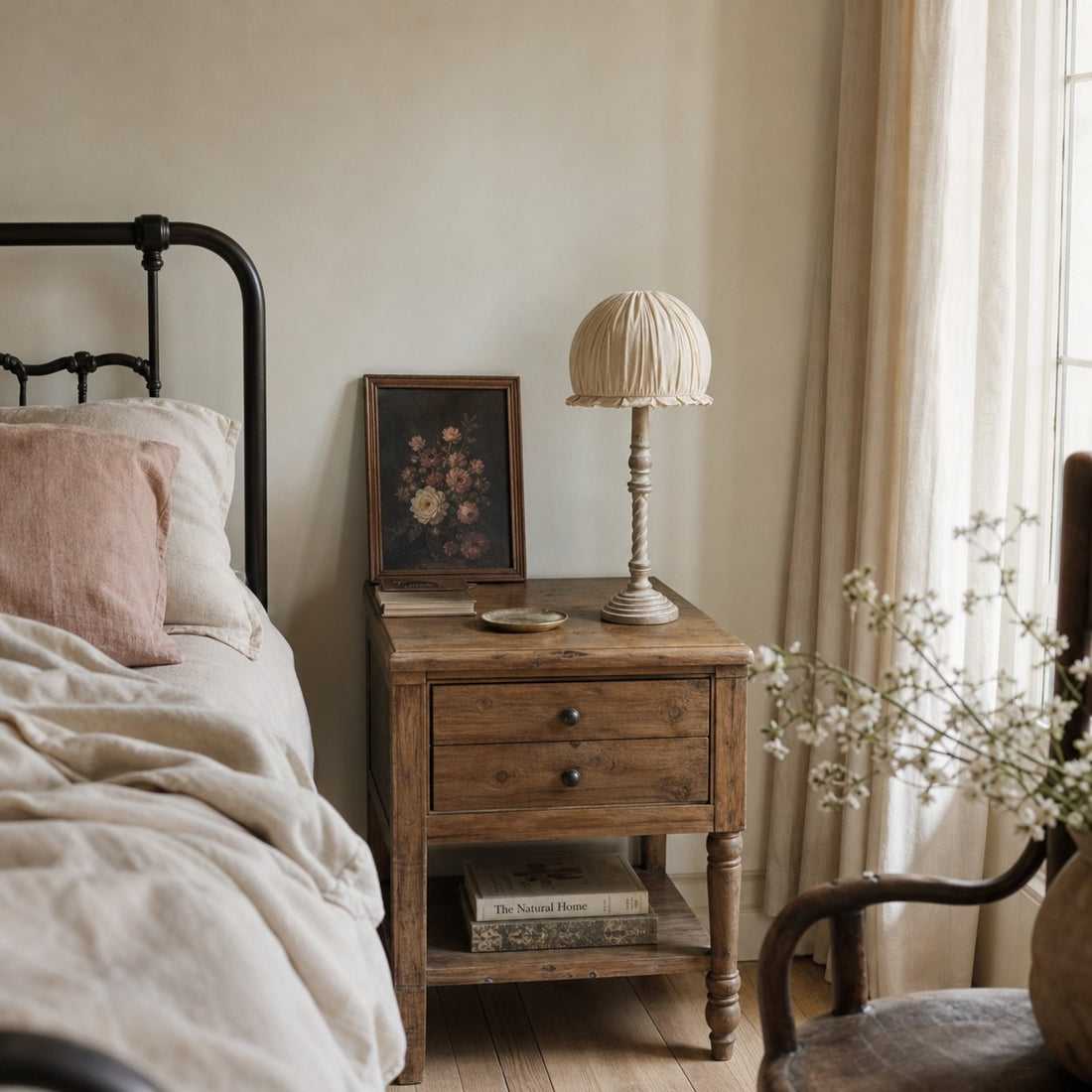 Pleated shade wooden table lamp on bedside table
