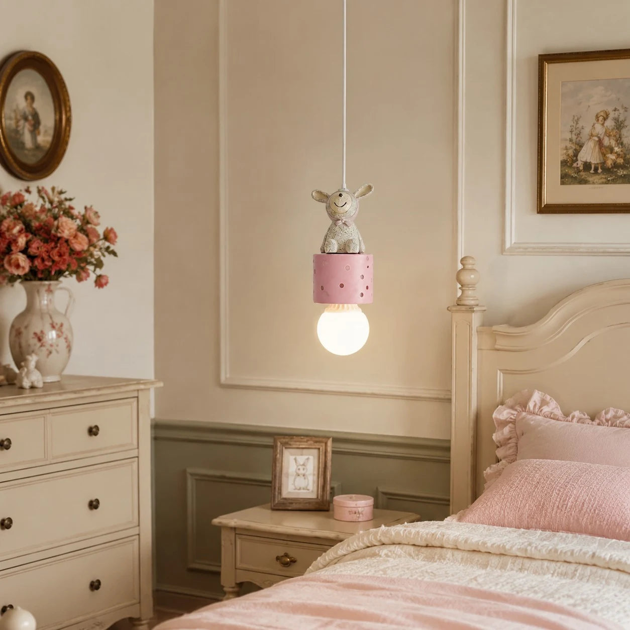 Bunny pink gift box pendant lamp bedside scene