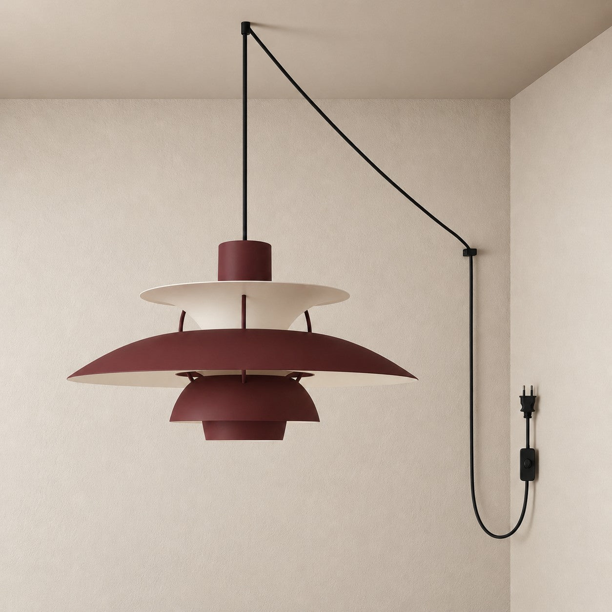 Moderne mehrlagige bunte Pendelleuchte mit Stecker und Zugkabel - Hängelampe aus Metall