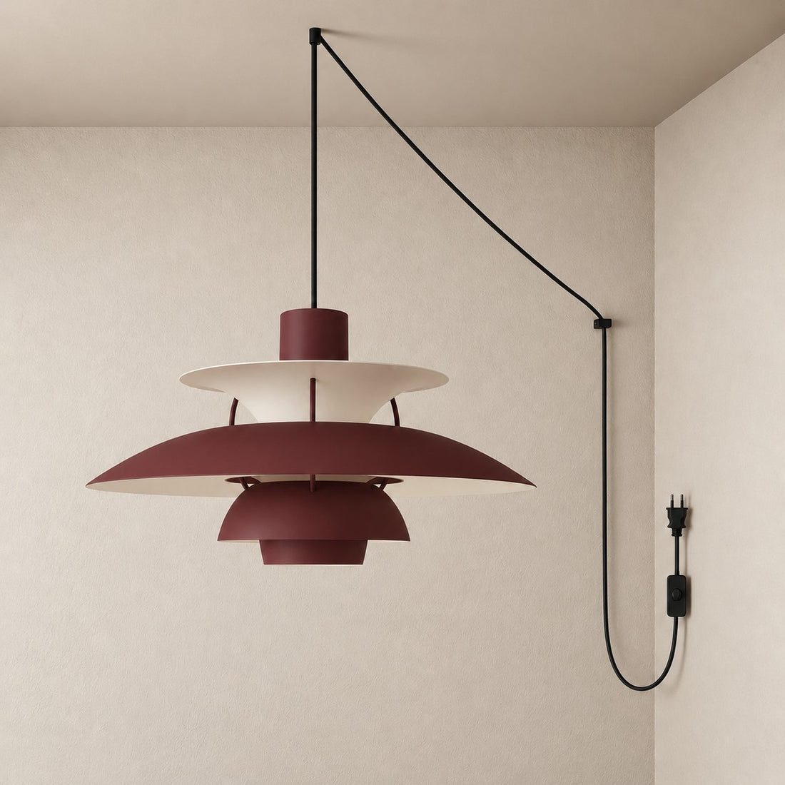 Moderne mehrlagige bunte Pendelleuchte mit Stecker und Zugkabel - Hängelampe aus Metall