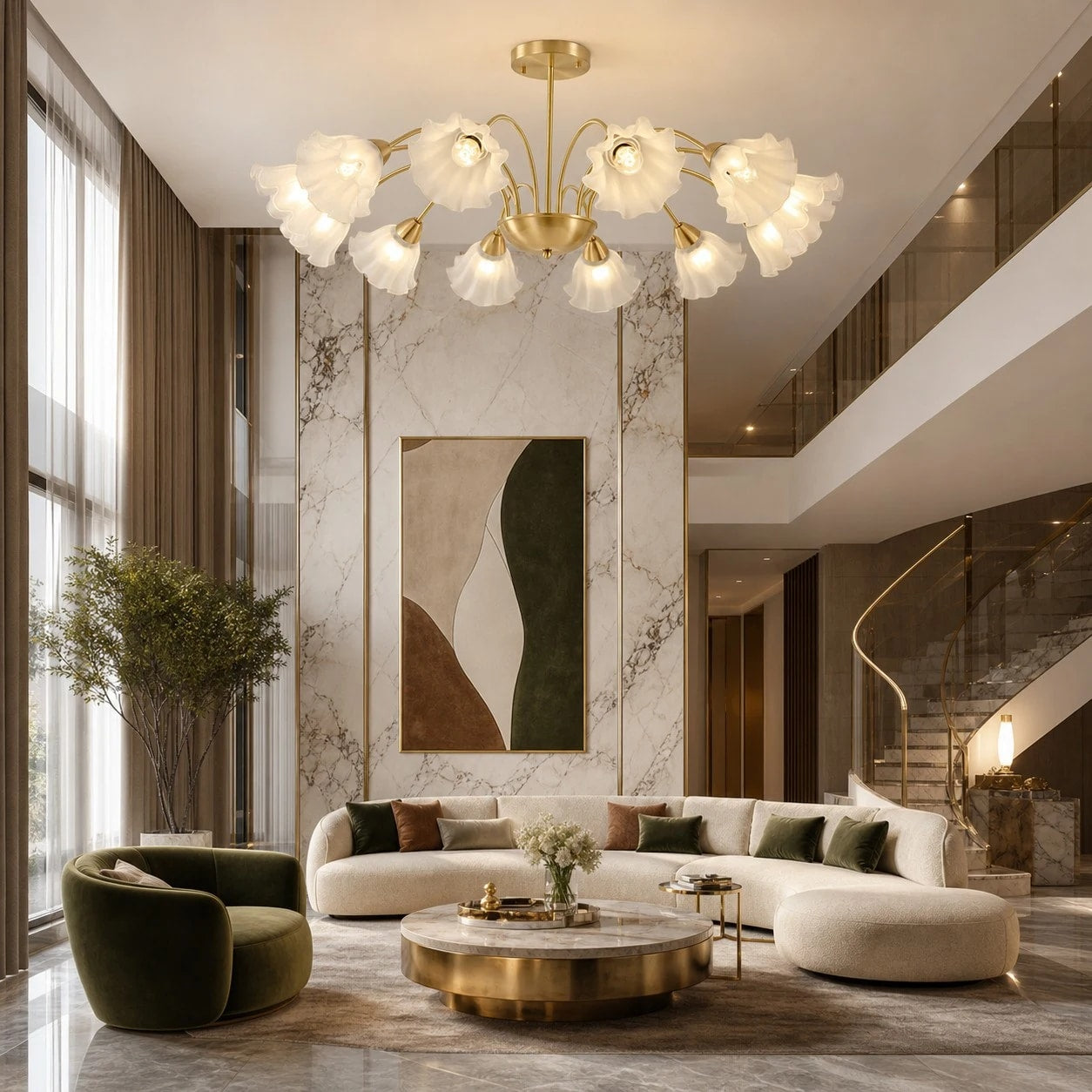 Twelve-arm floral glass chandelier in a spacious double-height living room