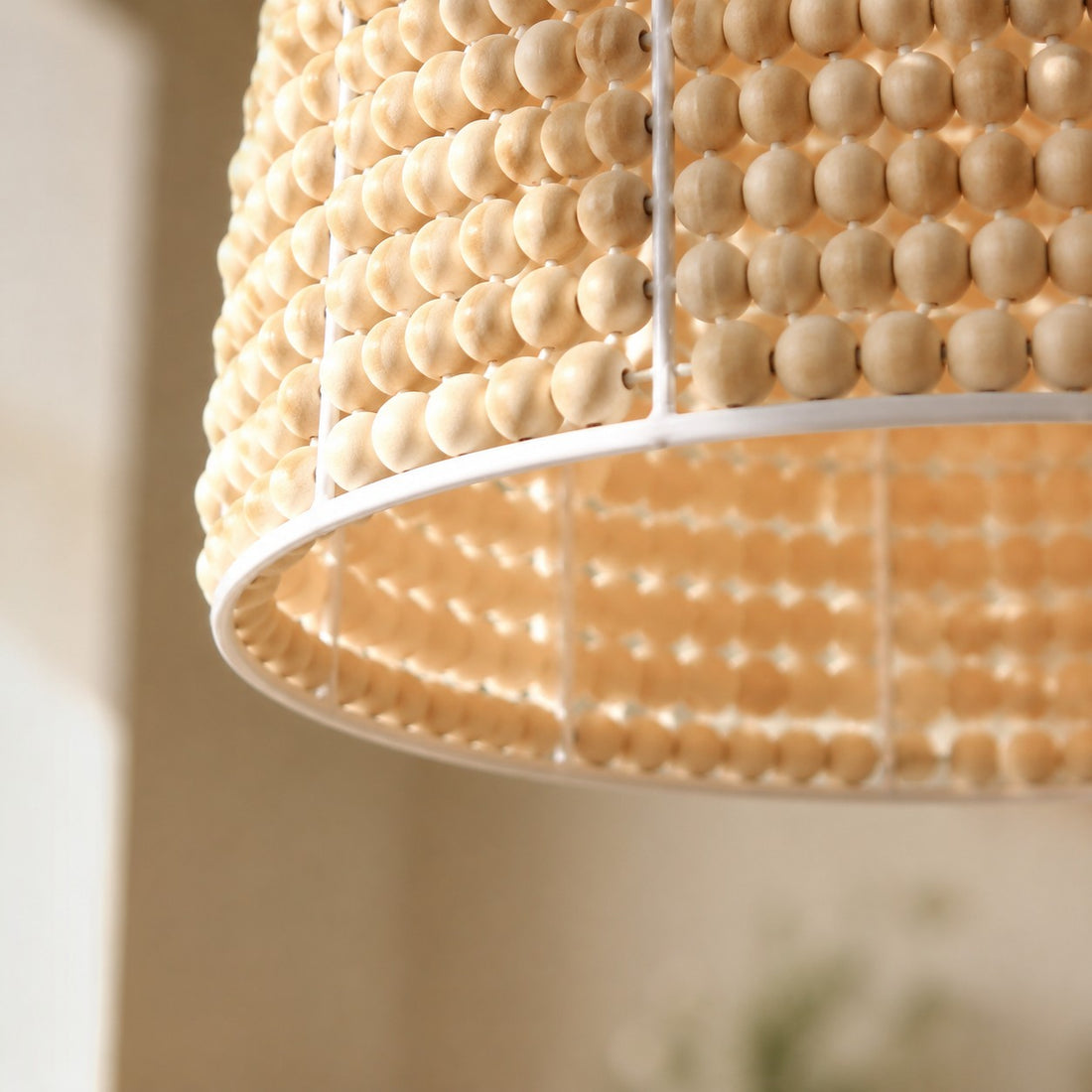 Natural Wood Bead Pendant Light with Wabi-Sabi Dome Shade