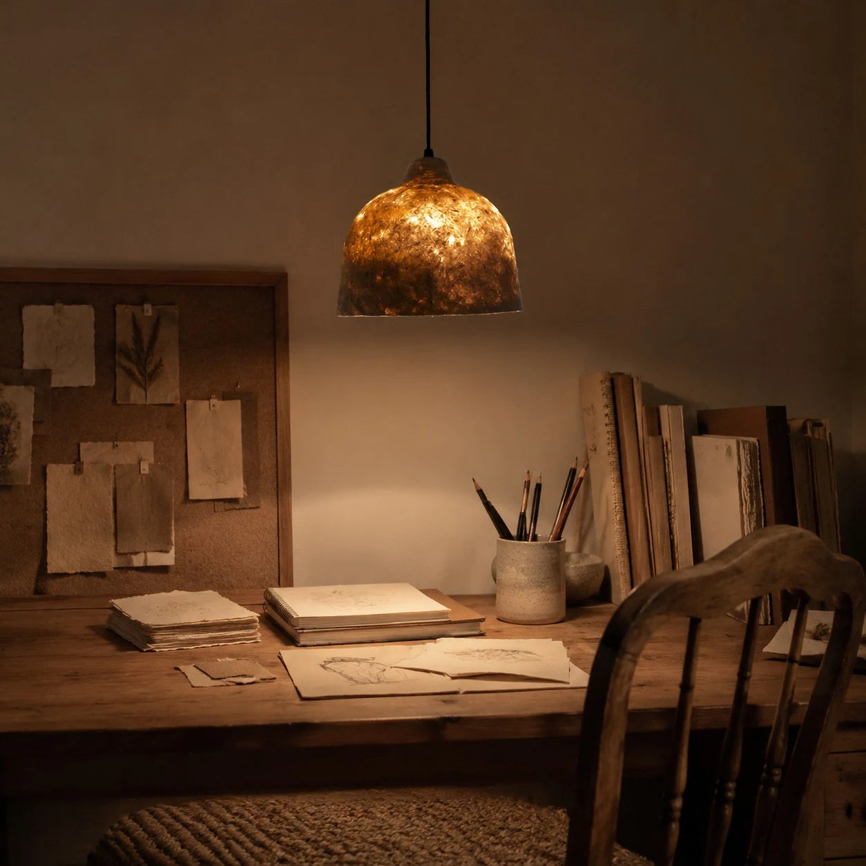 Paper pendant light above a warm reading desk