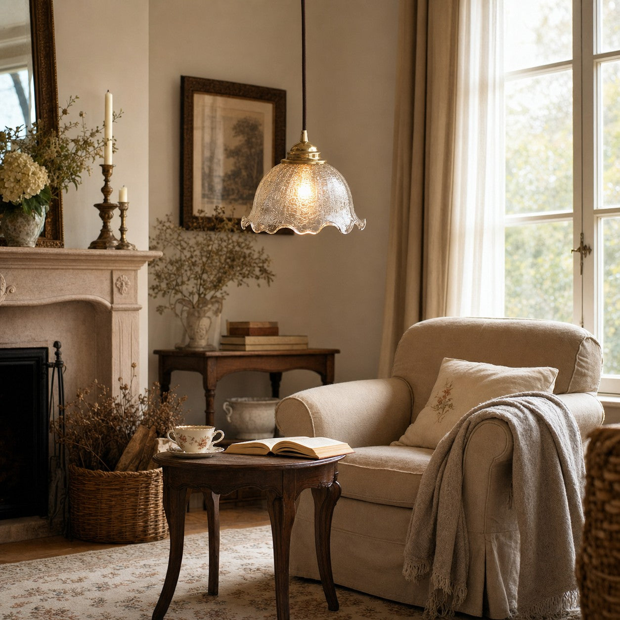 tea glass pendant light in a reading corner