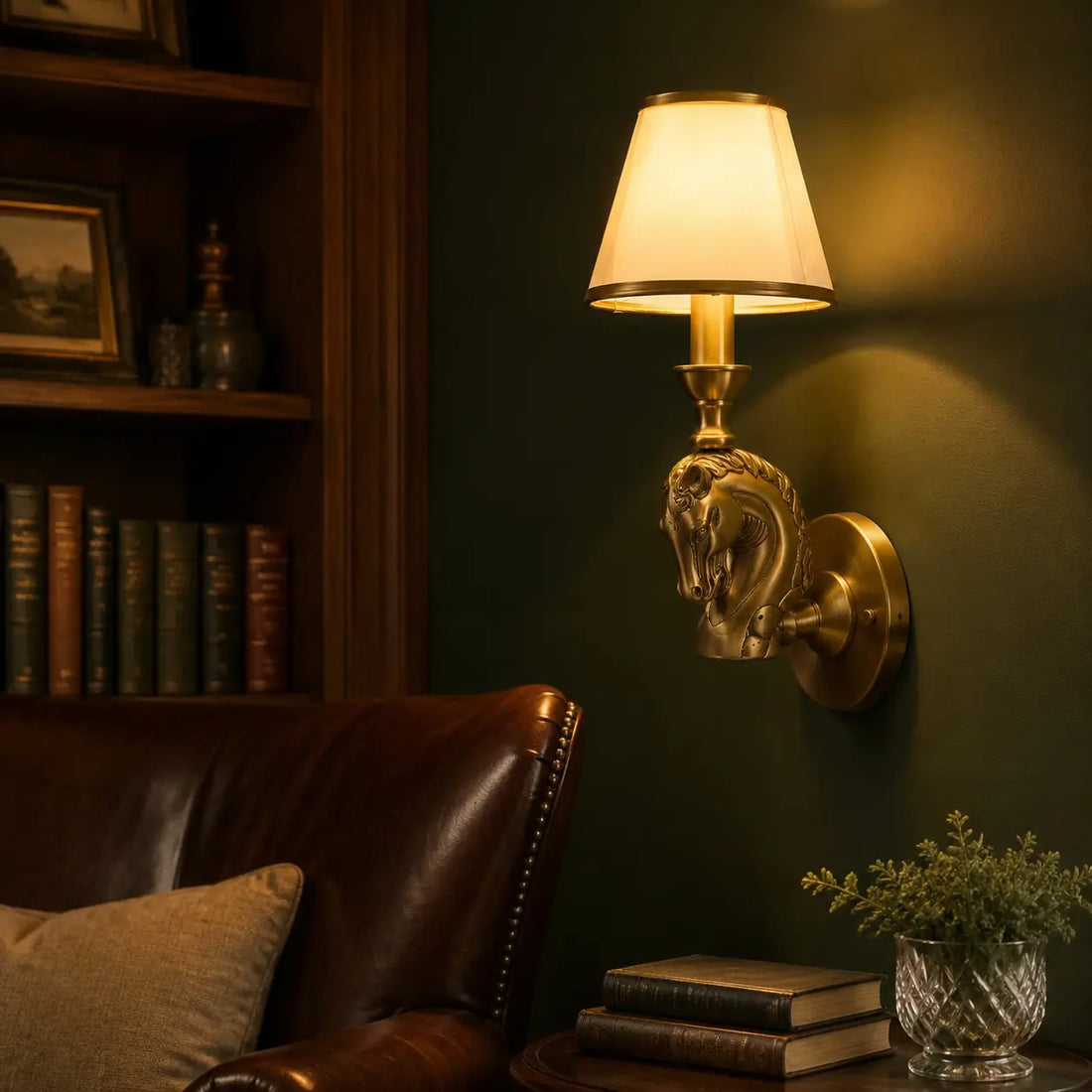 Smooth shade horse wall lamp in a dark library
