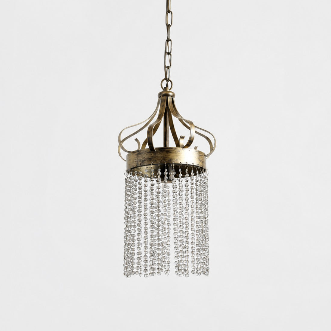 Antique brass pendant light with clear crystal bead strands