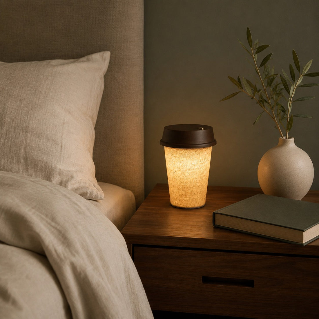 Rechargeable coffee-cup table lamp in a warm bedroom setting