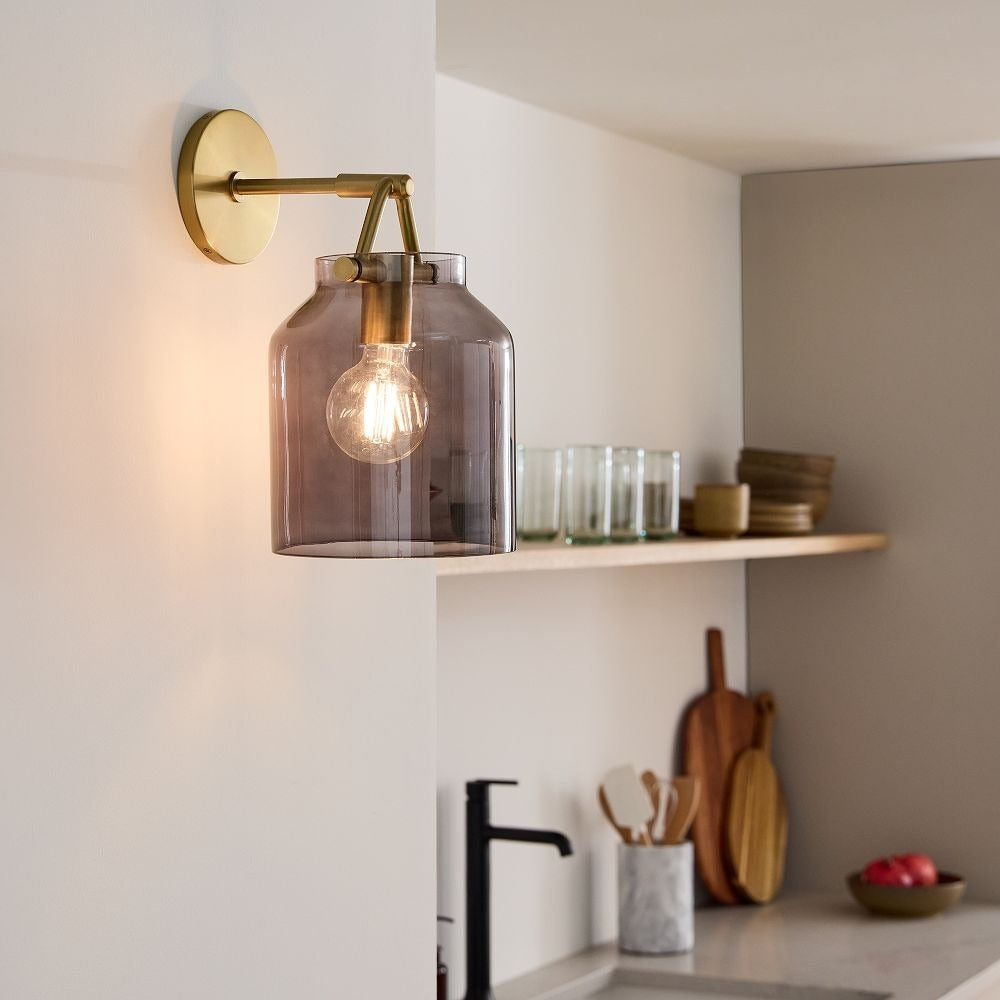 Hanton Brass Damp Rated Sconce - Modern Glass Wall Light for Bathroom