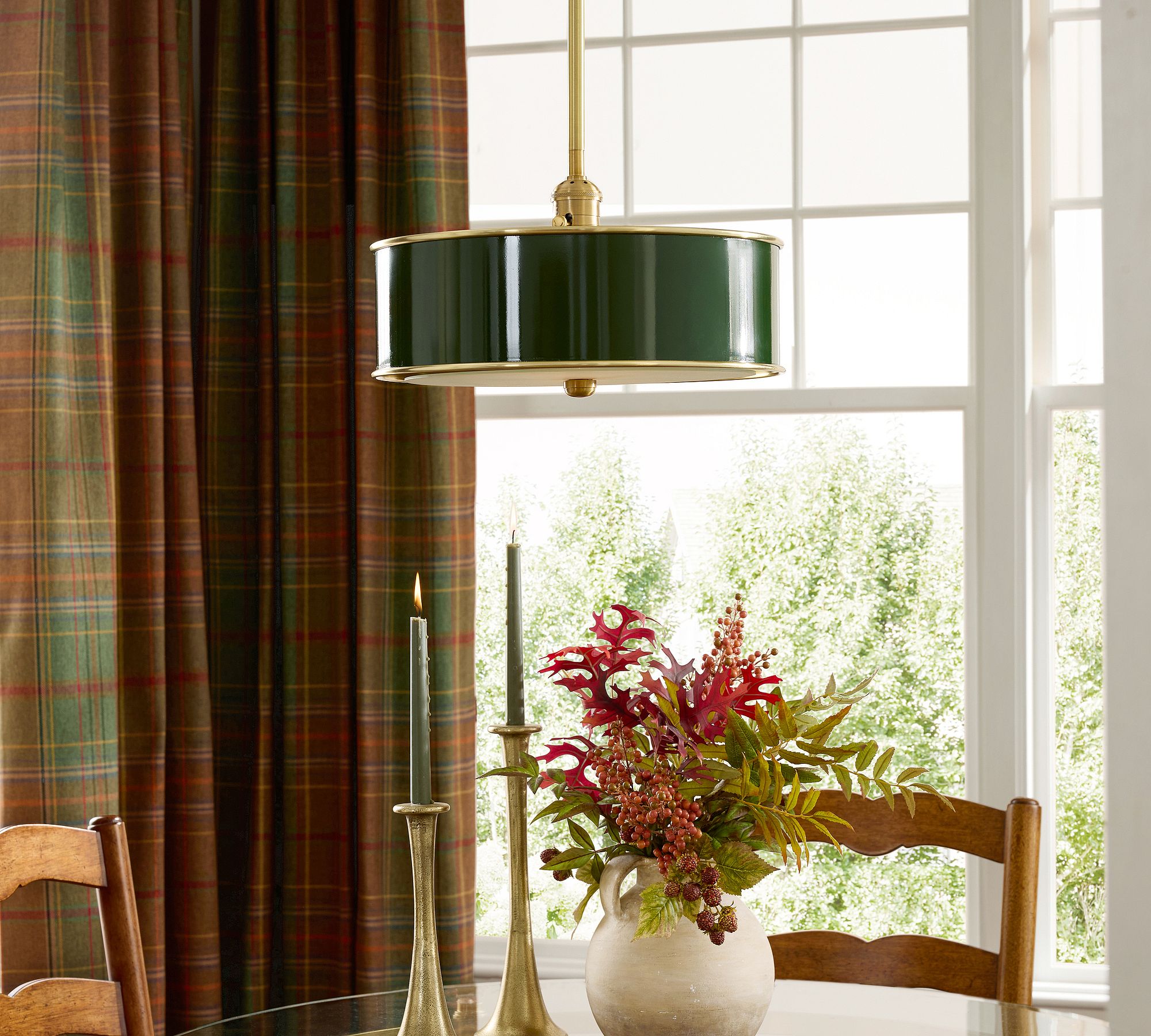 Forvara Rustic Metal Pendant Light - Brass Drum Lamp for Kitchen Island