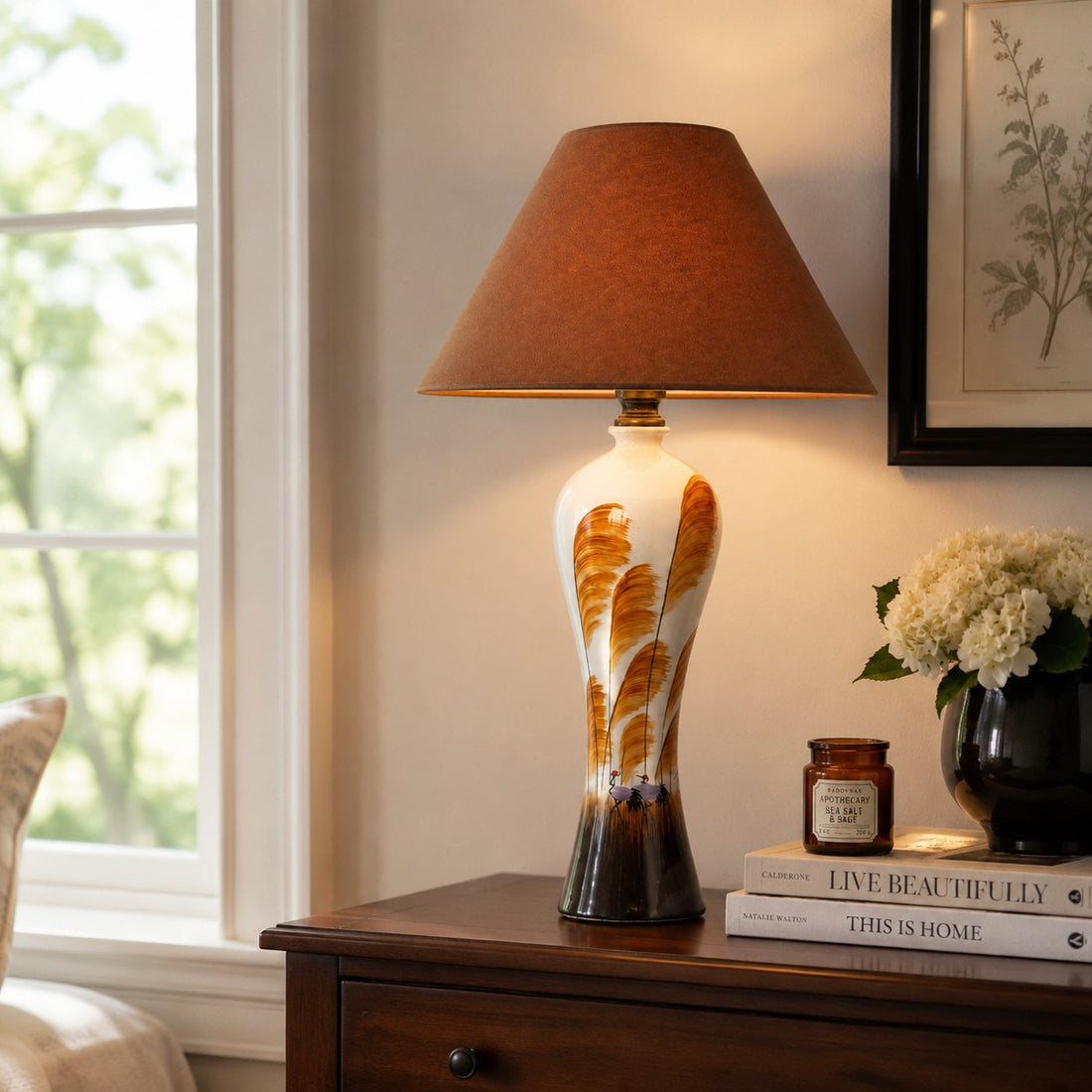 American Style Ceramic Table Lamp with Brown Fabric Shade
