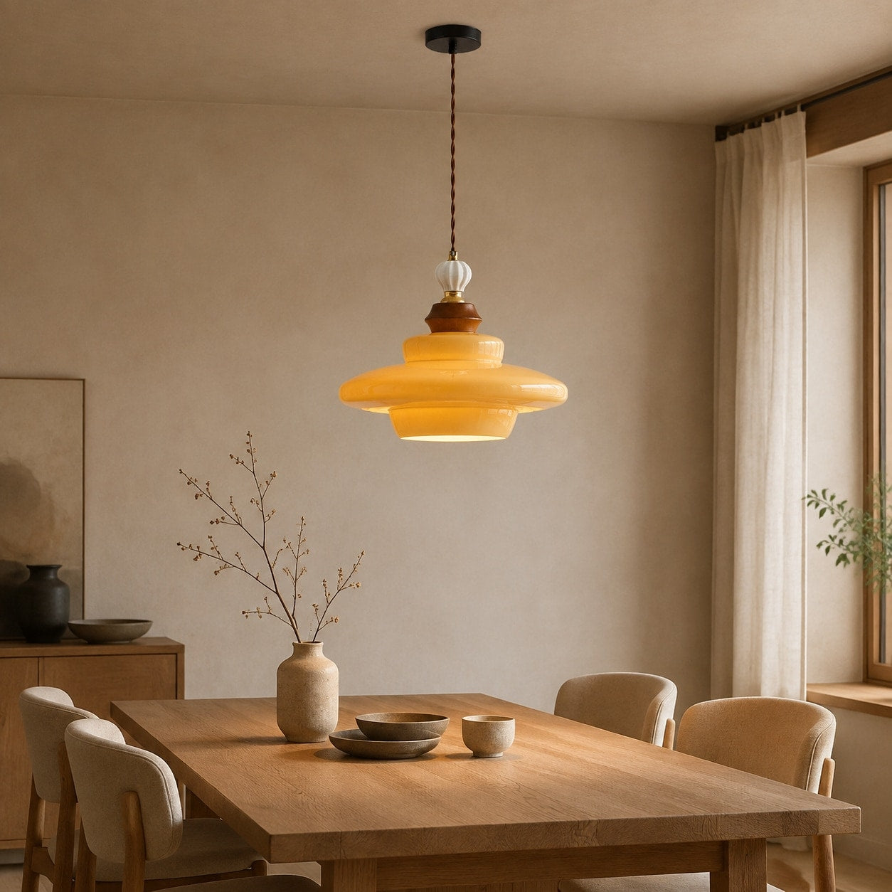 Caramel yellow glass pendant light above a dining table