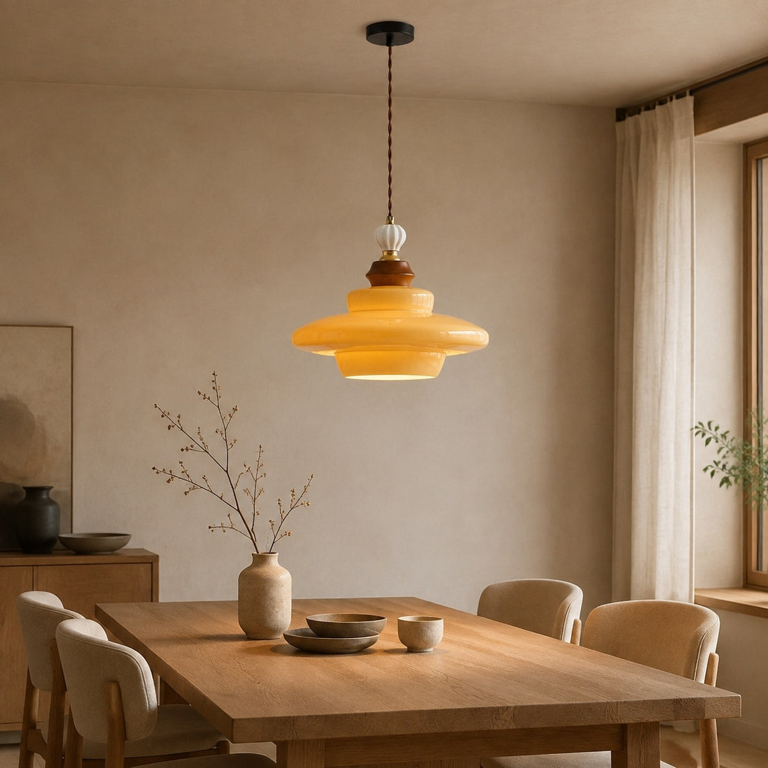 Caramel yellow glass pendant light above a dining table