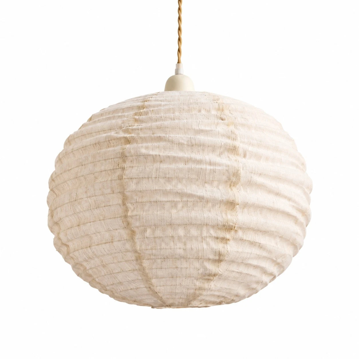 Off white cotton-linen round pendant light with khaki cord