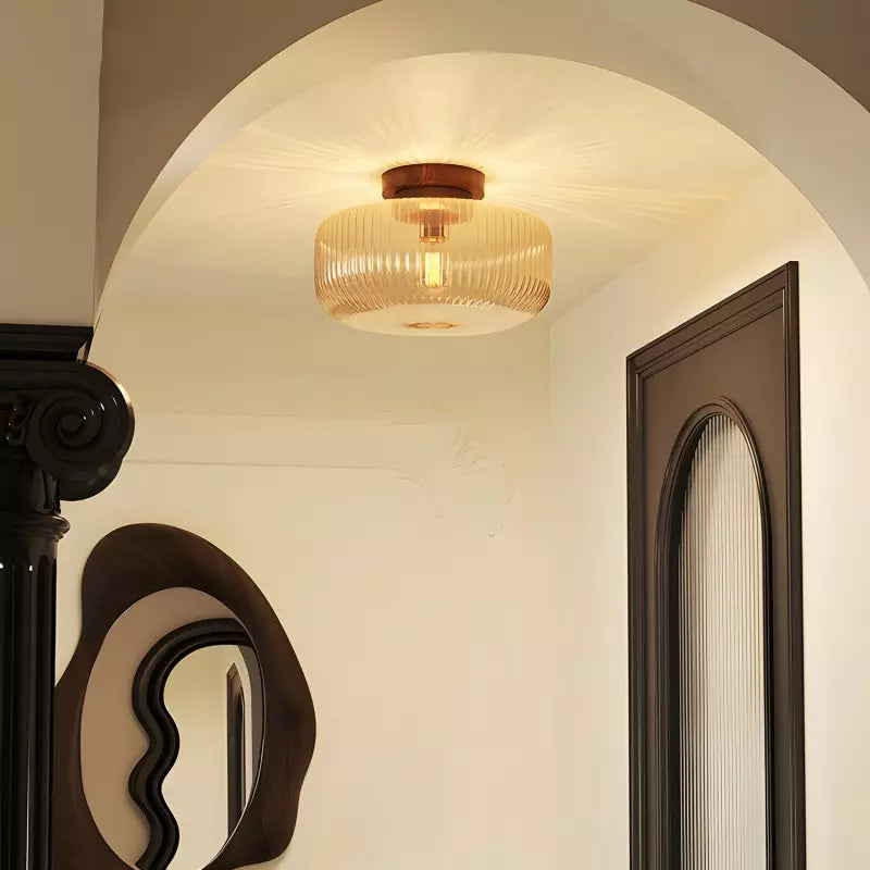 Amberflow Retro Amber Fluted Glass Ceiling Light – Round Flush Mount for Hallways and Entryways