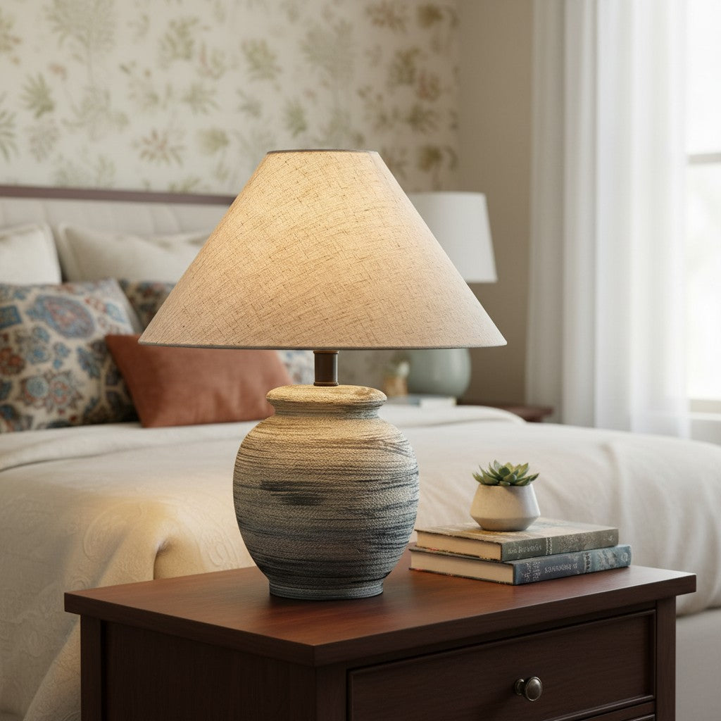 Ceravine Rustic Ceramic Base Table Lamp with Conical Fabric Shade – Elegant Accent Lighting for Home