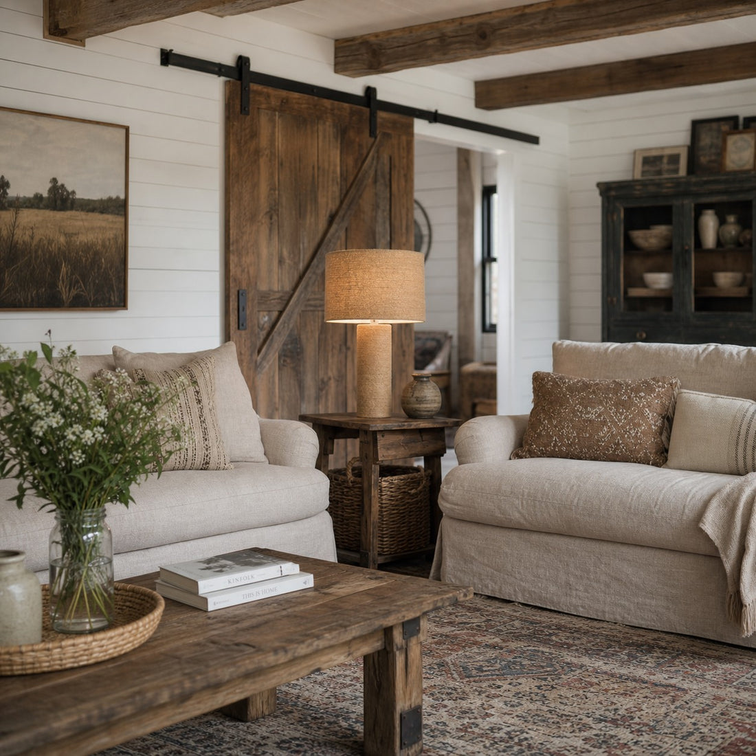 Woven jute table lamp in a rustic living room