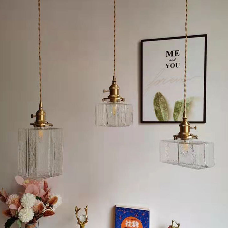 Traditionelle Vintage Quadrat Rechteck Ripple Glas Eisen 1-Licht Pendelleuchte für Wohnzimmer