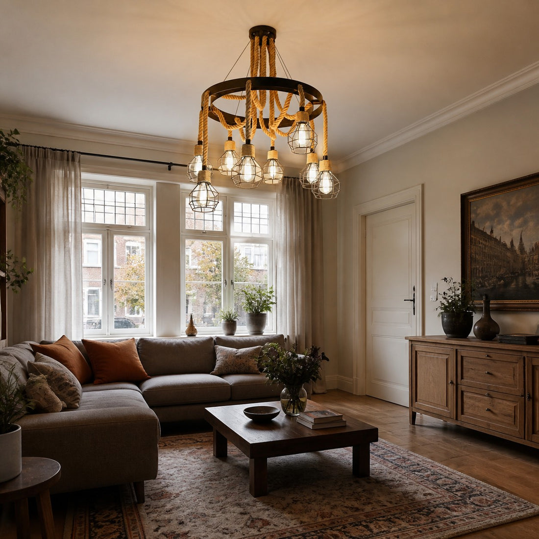 Rope-Wrapped Industrial Ring Chandelier