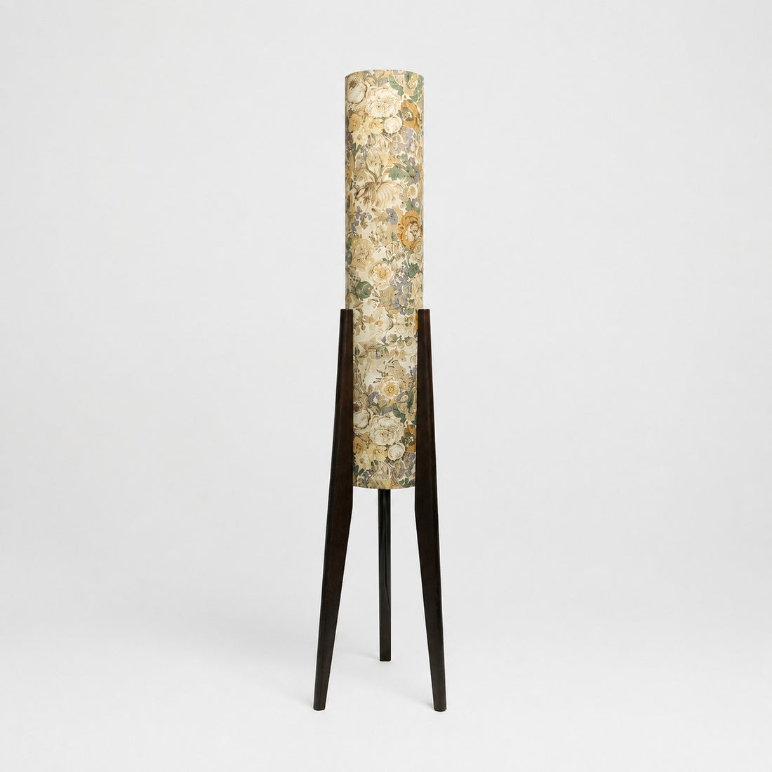 Vintage ivory floral Liberty fabric tripod floor lamp with dark wood frame