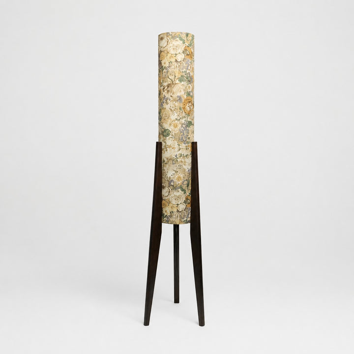 Vintage ivory floral Liberty fabric tripod floor lamp with dark wood frame