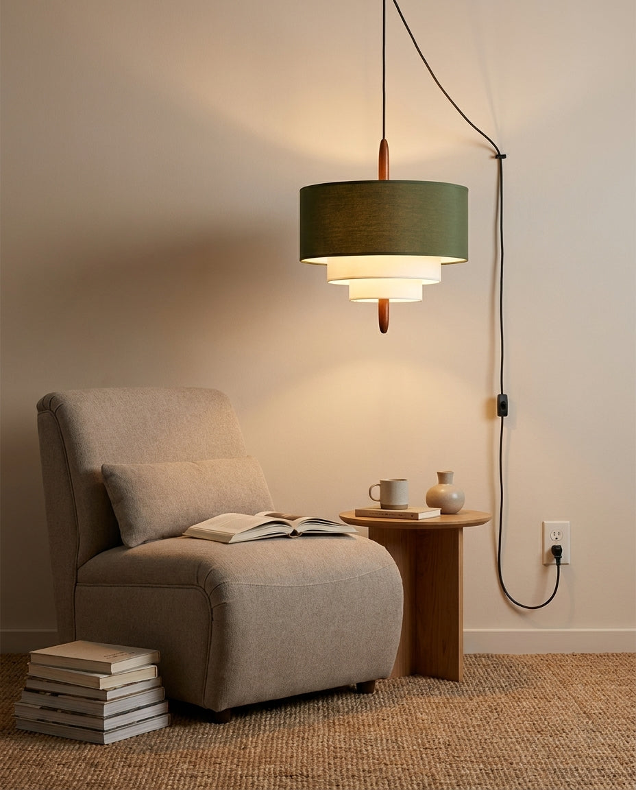 Tiered Fabric Wood Plug-In Swag Pendant