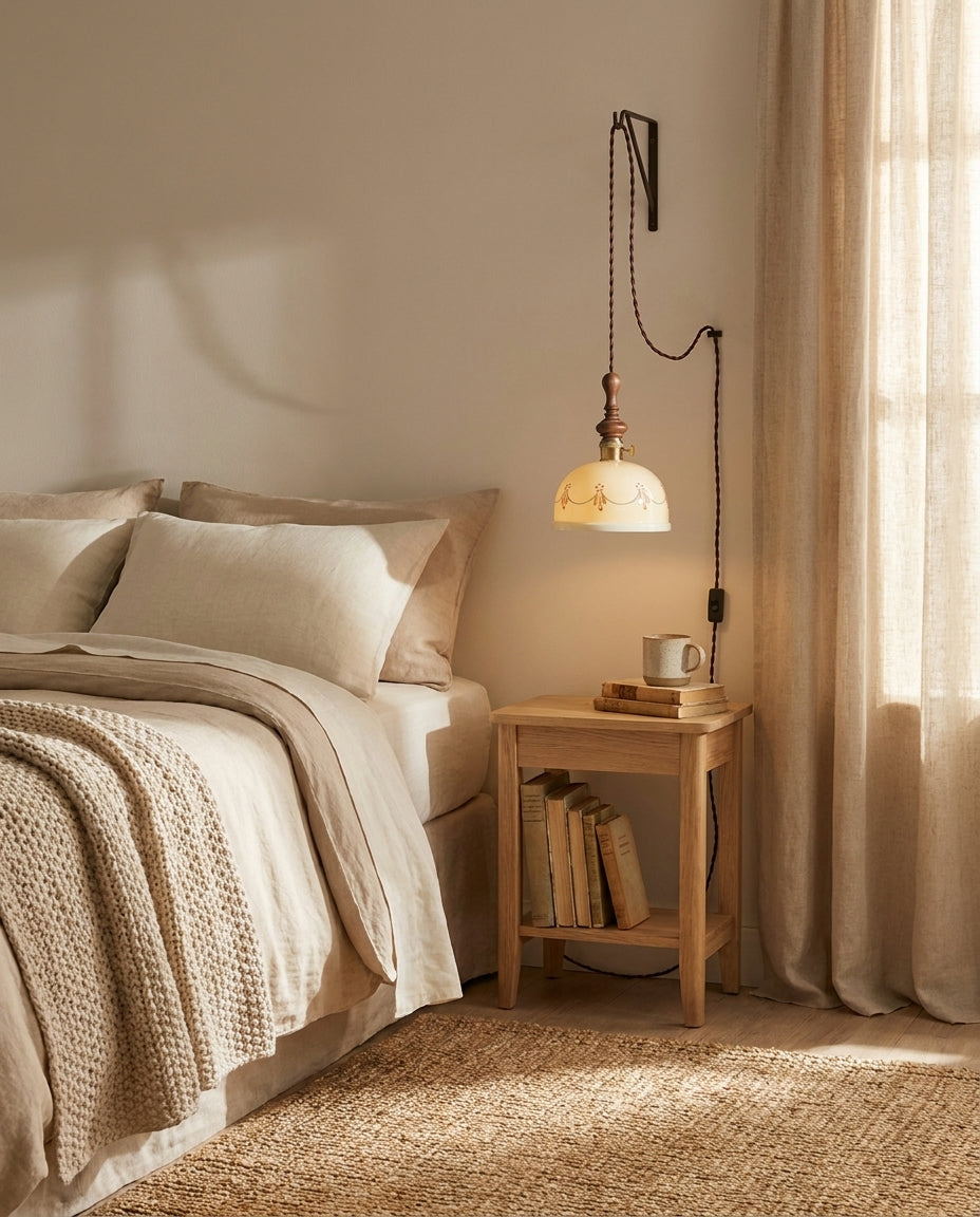 Keramik-Pendelleuchte mit Stecker und Zugkabel und Holzabschluss