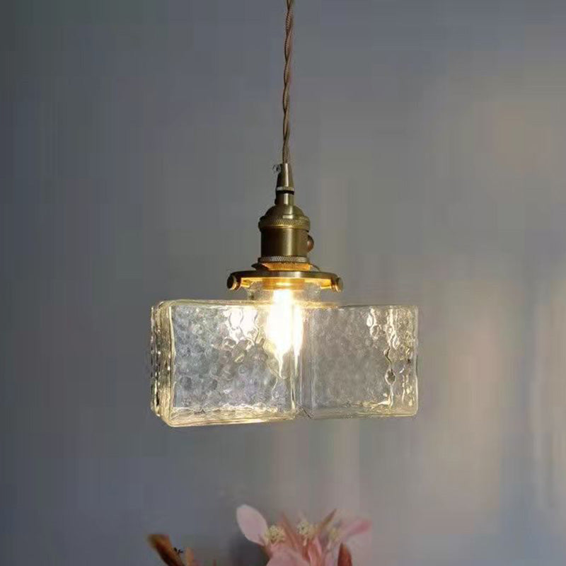 Traditionelle Vintage Quadrat Rechteck Ripple Glas Eisen 1-Licht Pendelleuchte für Wohnzimmer