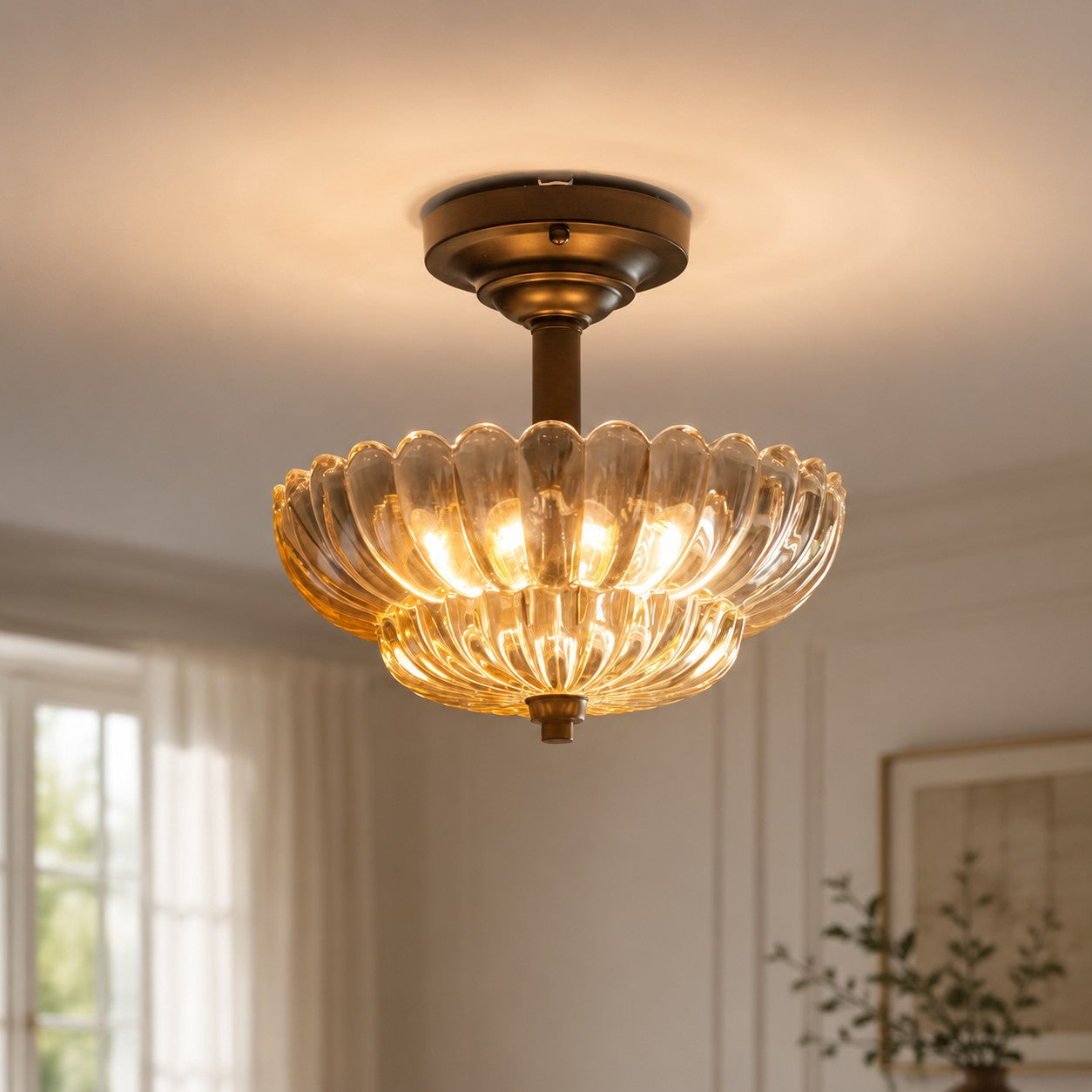 Vintage glass ceiling light illuminated in a warm interior