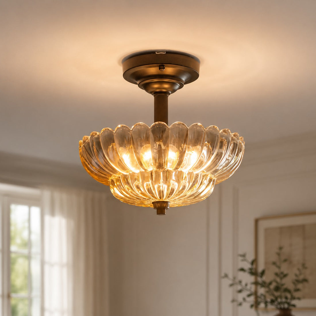 Vintage glass ceiling light illuminated in a warm interior