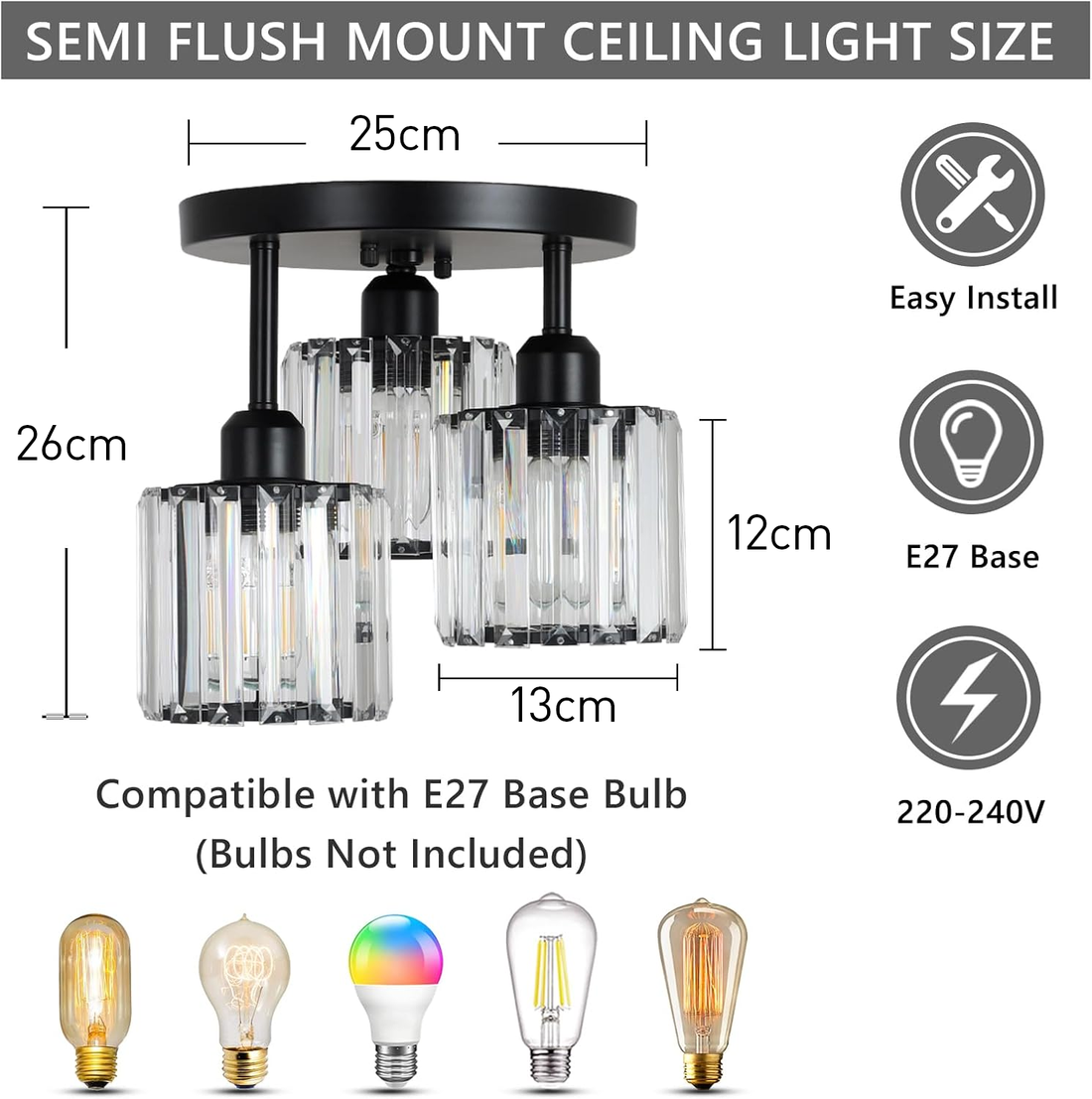 Modern Crystal Ceiling Light - Multi-head Semi Flush Mount for Bedroom