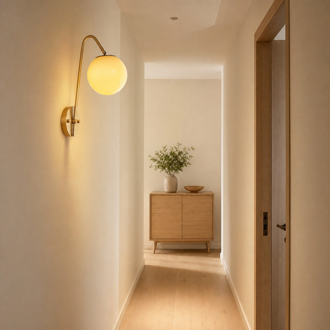 Brass glass wall light installed along a hallway wall