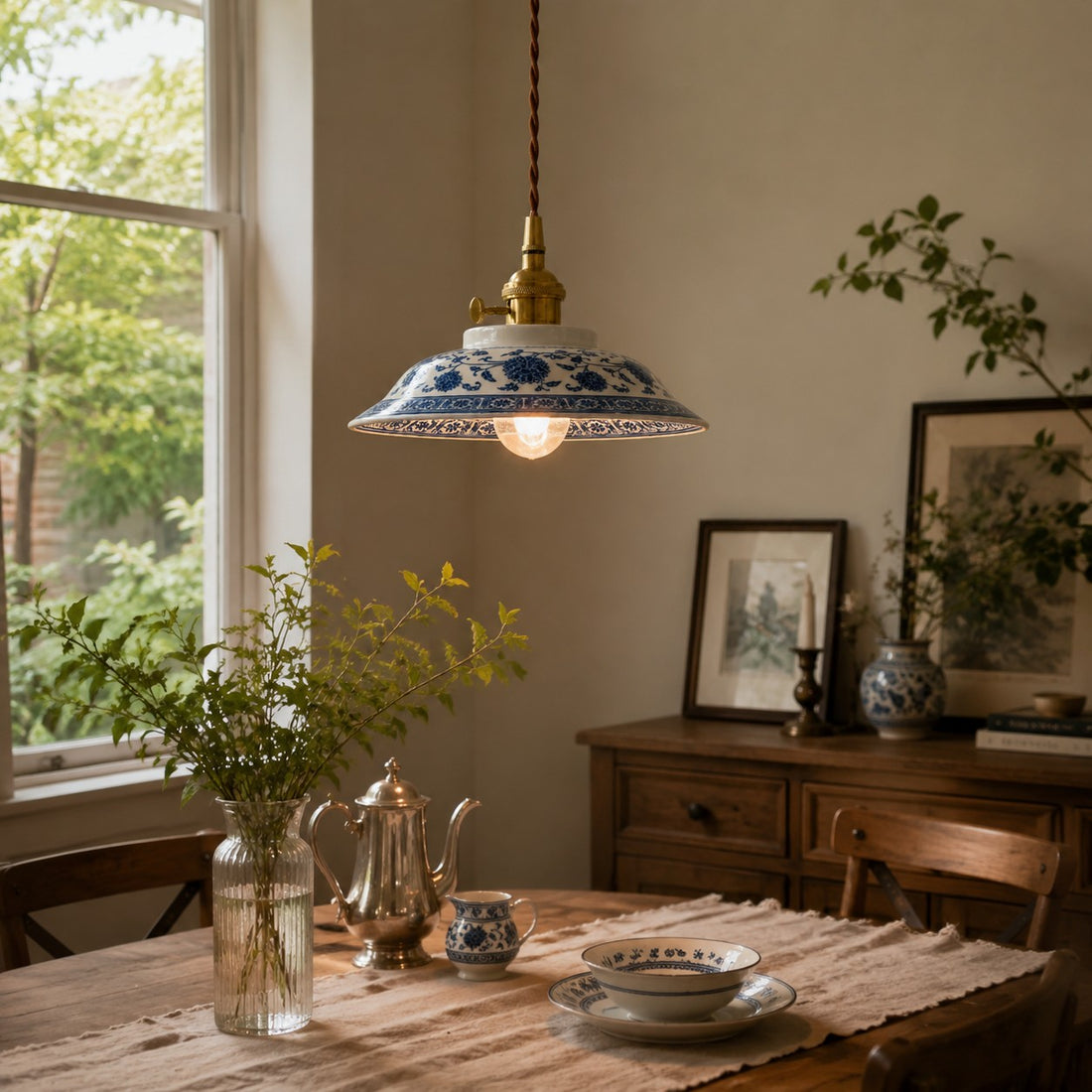 Blue And White Ceramic Pendant Light with Brass Accents