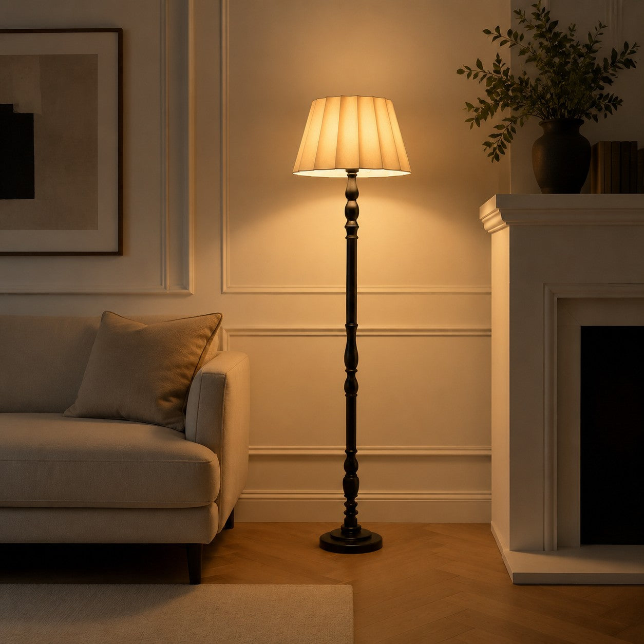 Vintage Fabric Shade Floor Lamp with Turned Wood Base