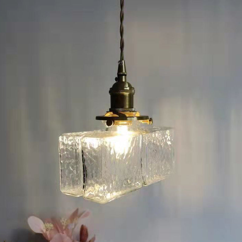 Traditionelle Vintage Quadrat Rechteck Ripple Glas Eisen 1-Licht Pendelleuchte für Wohnzimmer