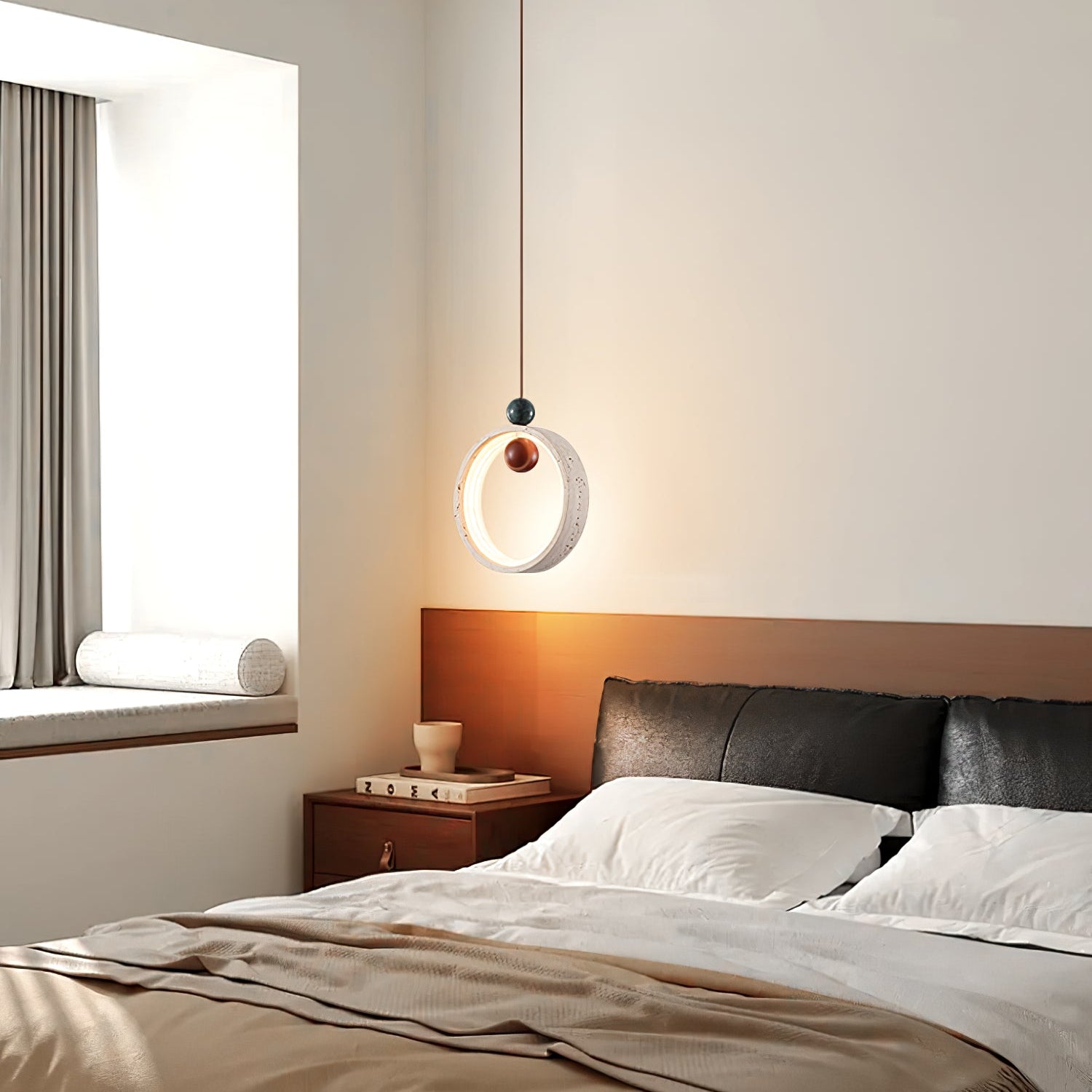 Travertine Circular Form Plug-In Pendant