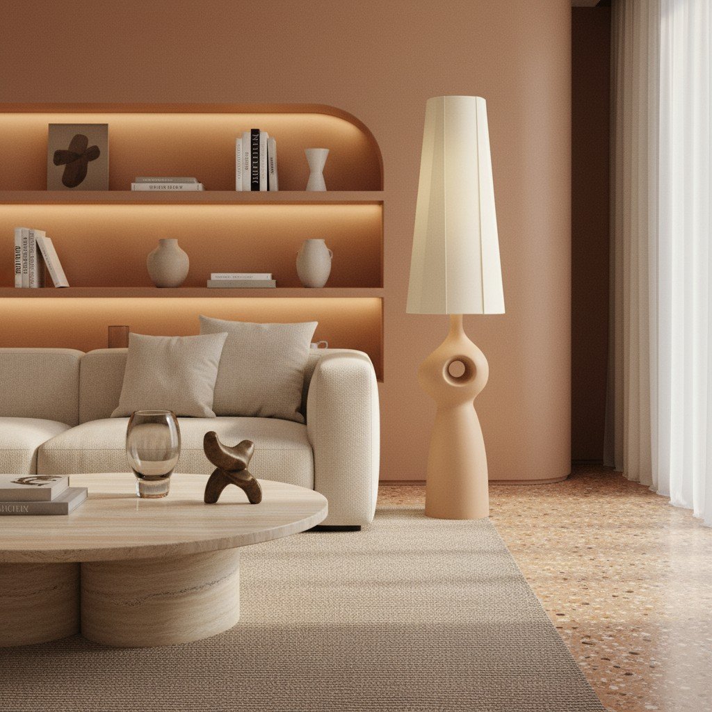 Pryssa Sculptural Ceramic Floor Lamp - Ivory Linen Shade for Living Room Accent